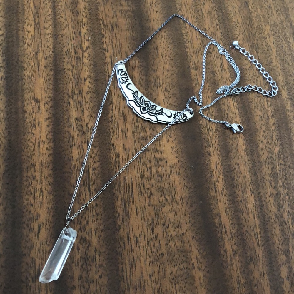 Boho silver tone lotus etched bar necklace with hanging healing quartz crystal